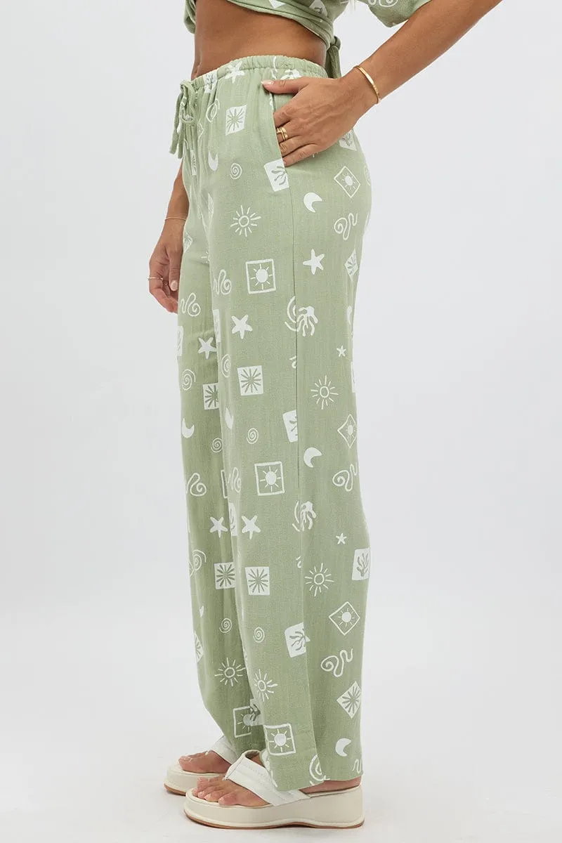 Green Abstract Wide Leg Pants High Rise FadeResistant