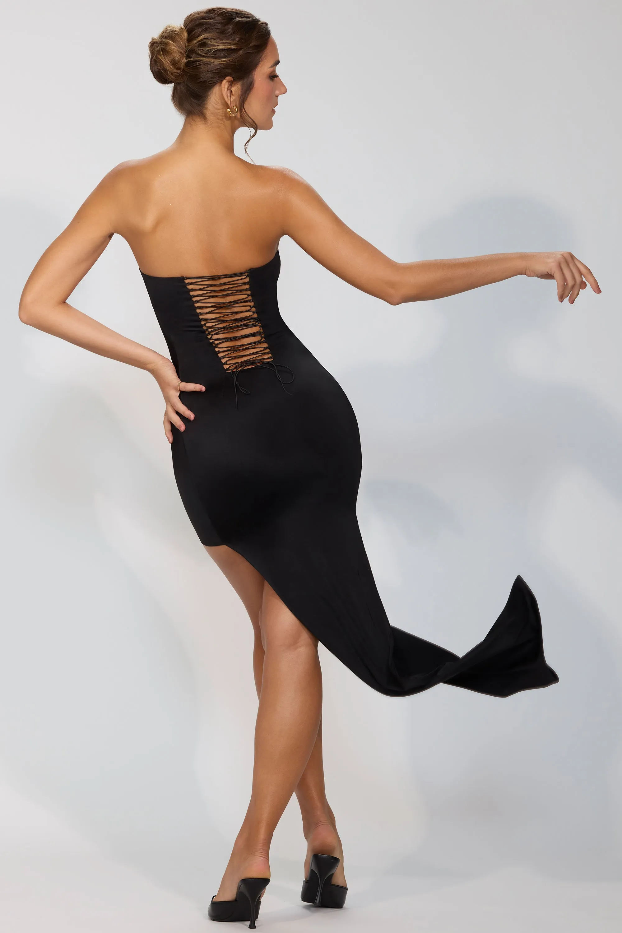 Diagonal Draping Effect Stylish Daywear Premium Jersey Lace Up Back Mini Dress with Train in Black