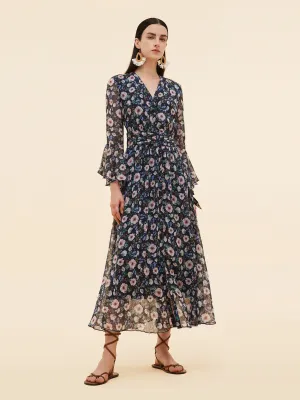 Winter Ready 10MM Mulberry Silk Floral Print Women V-Neck Maxi Dress