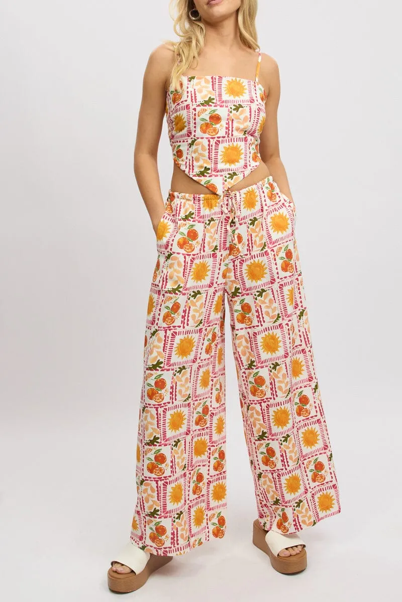 Multi Abstract Wide Leg Pants High Rise Chic Design Wear