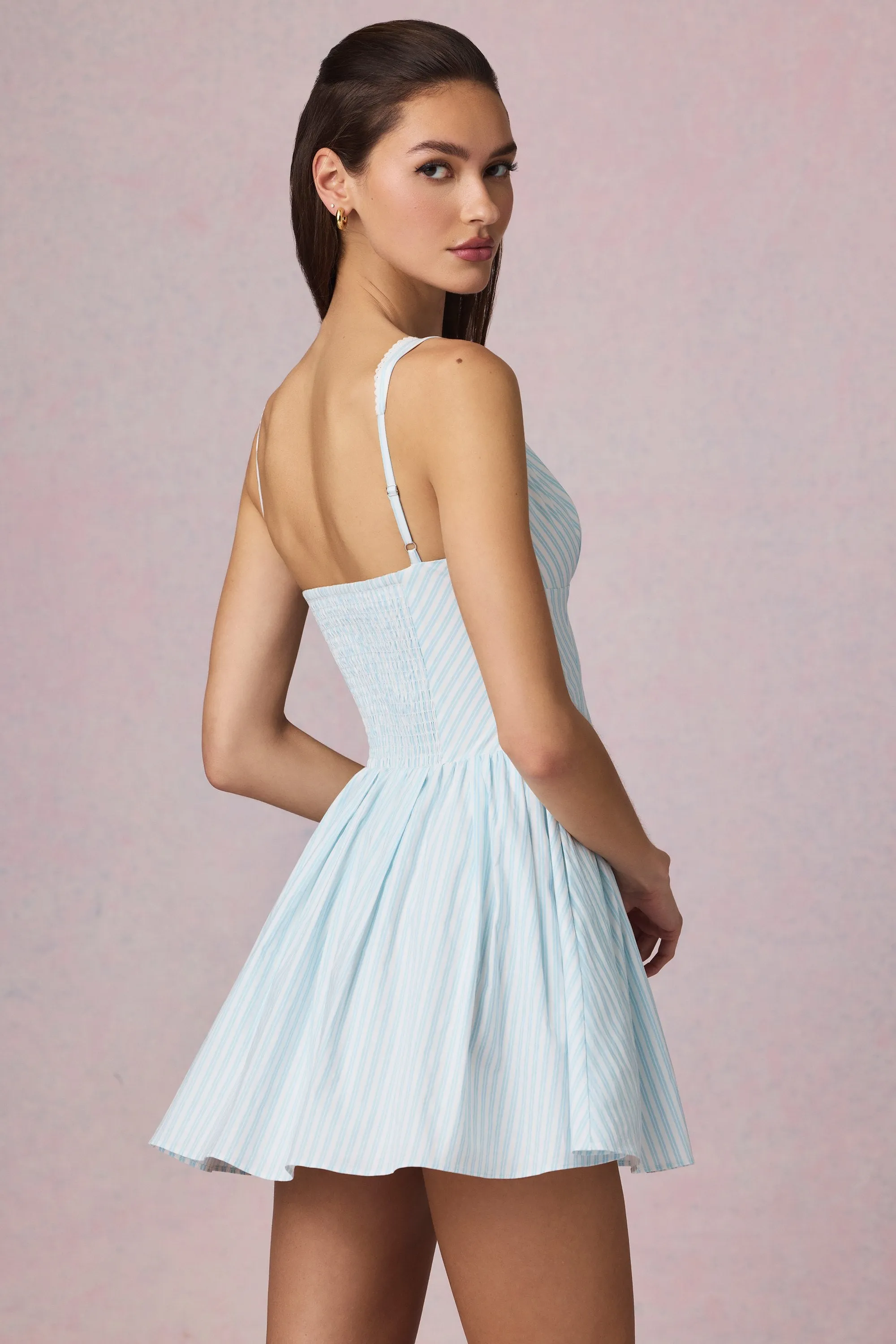 Bow-Detail A-Line Mini Dress in Powder Blue Stripe Elegant mini with floral prints Floral design