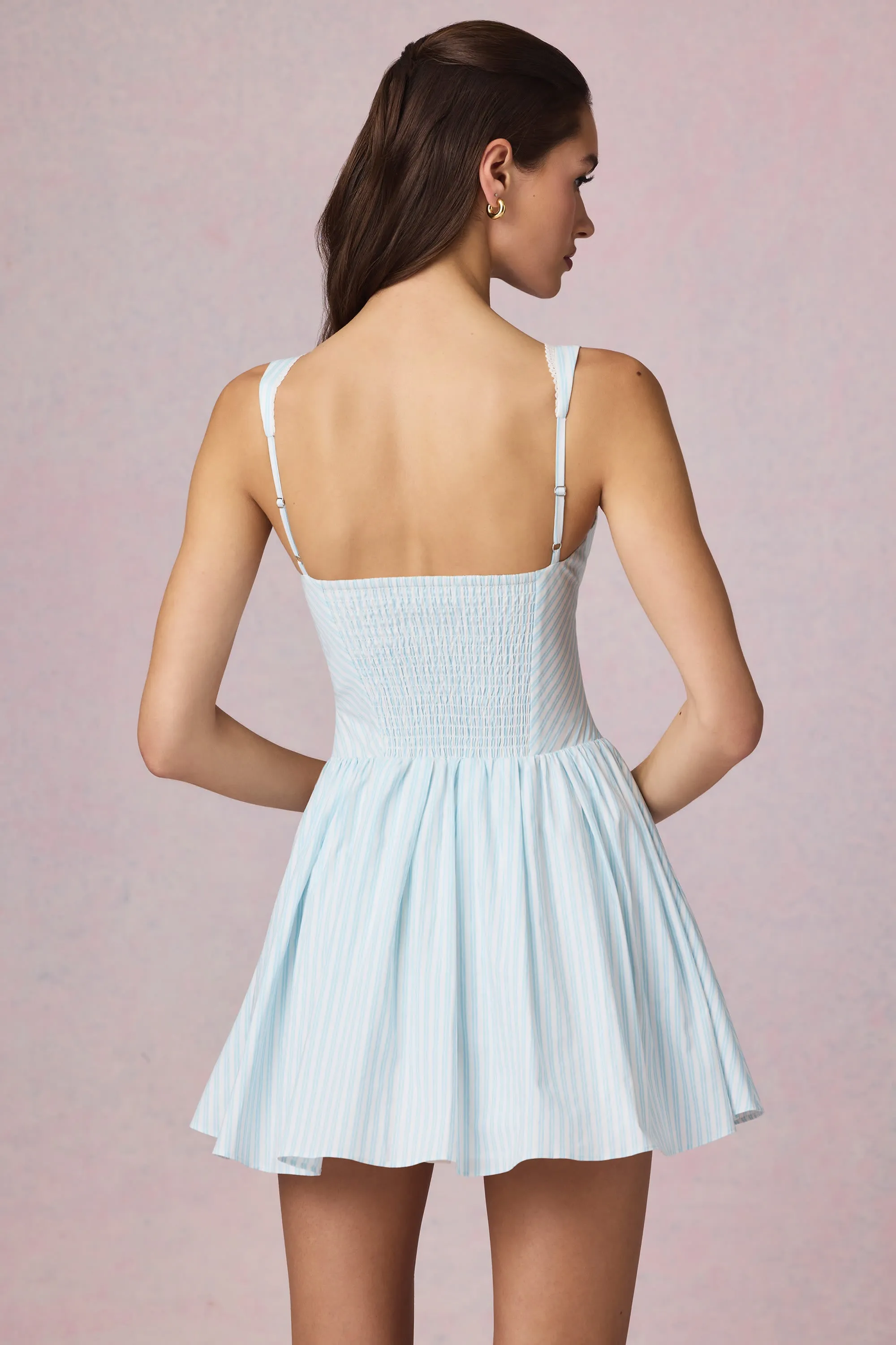 Tiered Design Bow-Detail A-Line Mini Dress in Powder Blue Stripe