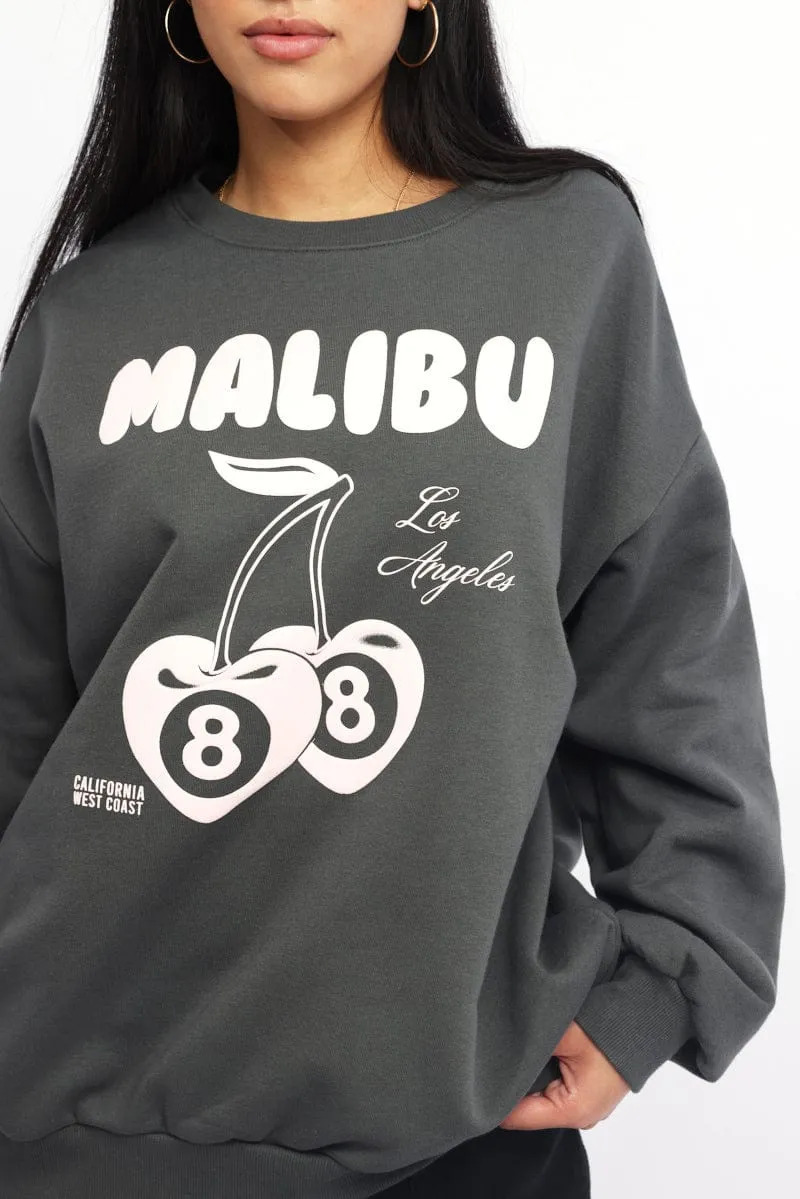 Trendy Vibes Grey Graphic Sweater Long Sleeve