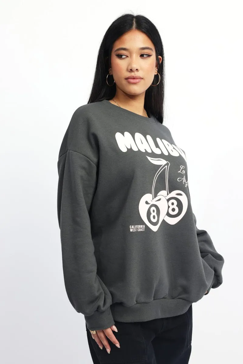 Fresh Chic Grey Graphic Sweater Long Sleeve