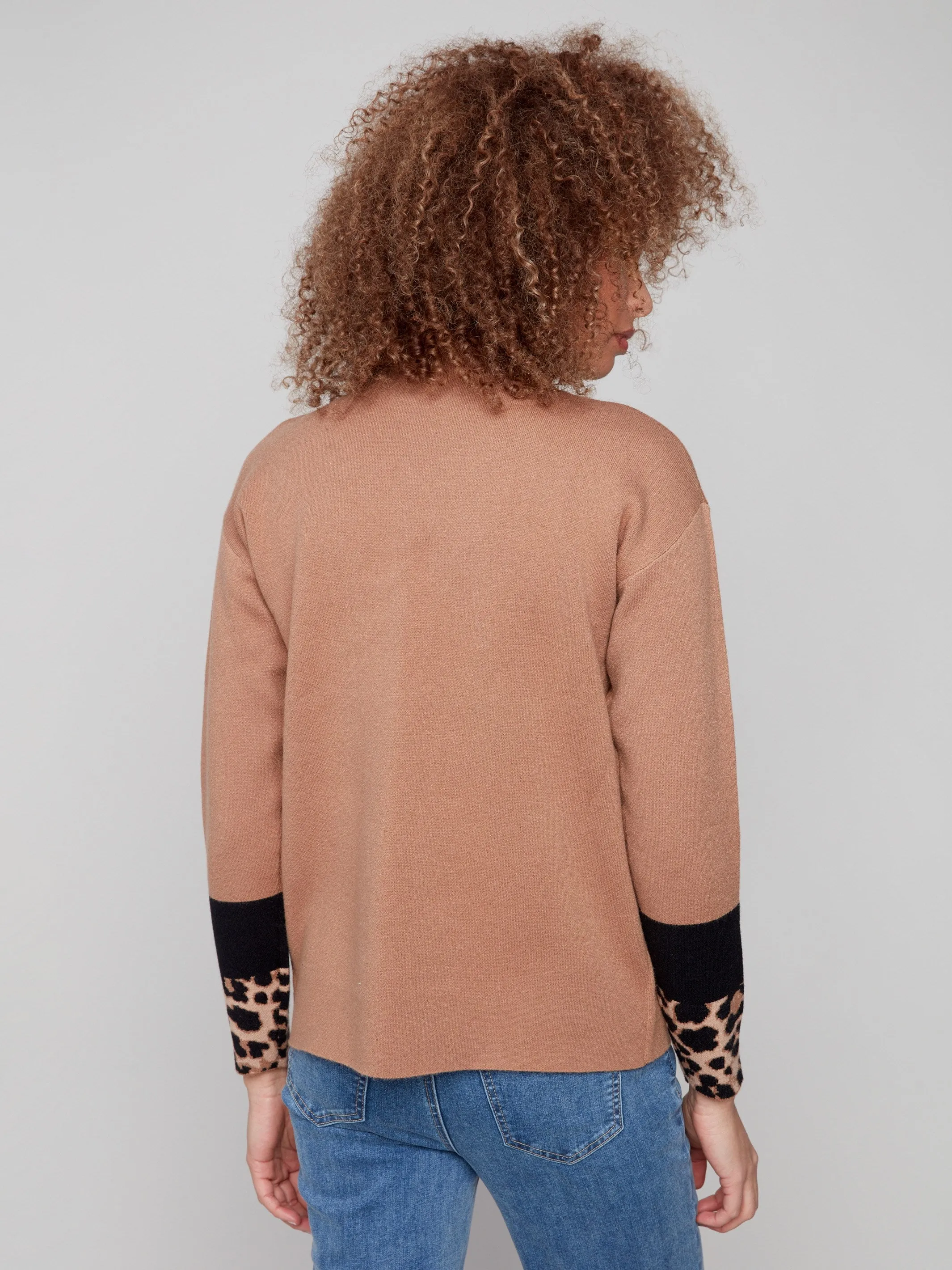 Funnel Sweater With Animal Print Sleeve Detail - Truffle Simple Warmth Soft Fabric