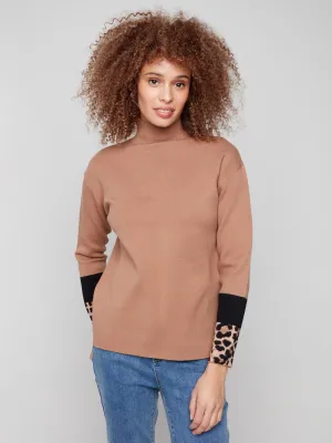 Funnel Sweater With Animal Print Sleeve Detail - Truffle Outdoor Comfort Knitwear Look