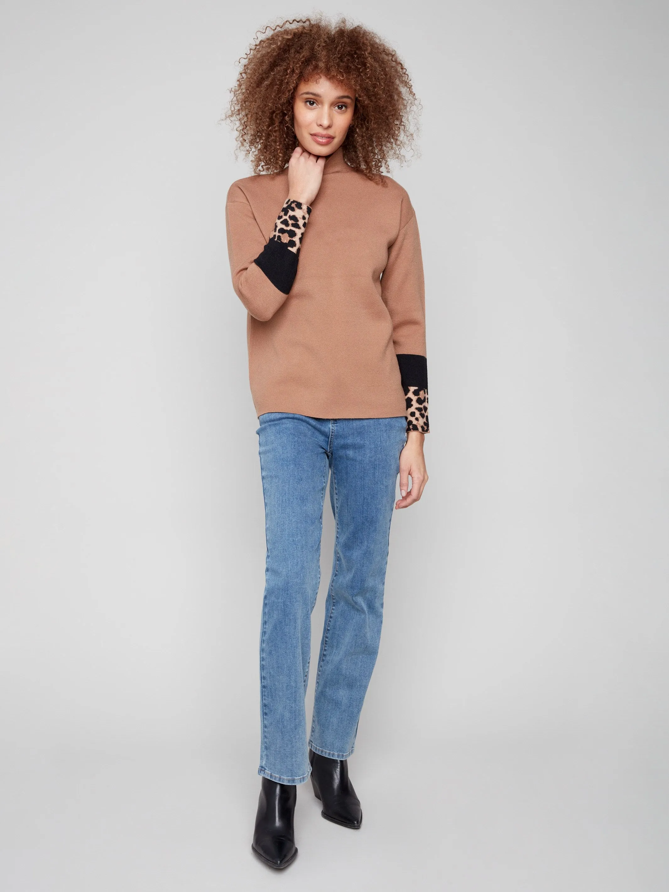 Funnel Sweater With Animal Print Sleeve Detail - Truffle Fine Gauge Knit Trendy Knitwear