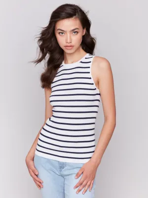 Cold-Weather Ready Eco Friendly Dye Process Striped Rib Knit Sleeveless Top - White