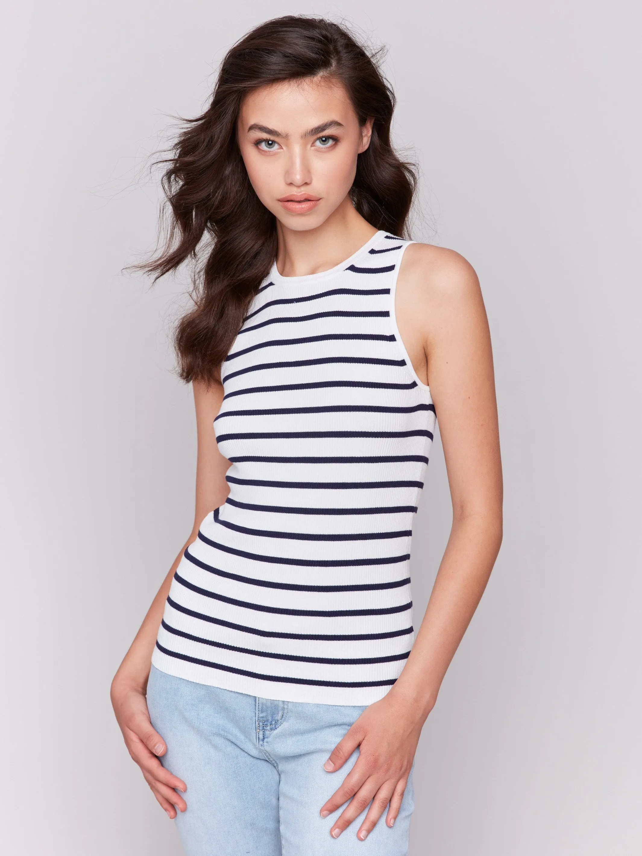 Striped Rib Knit Sleeveless Top - White Bias Cut Hem Details winter warmth