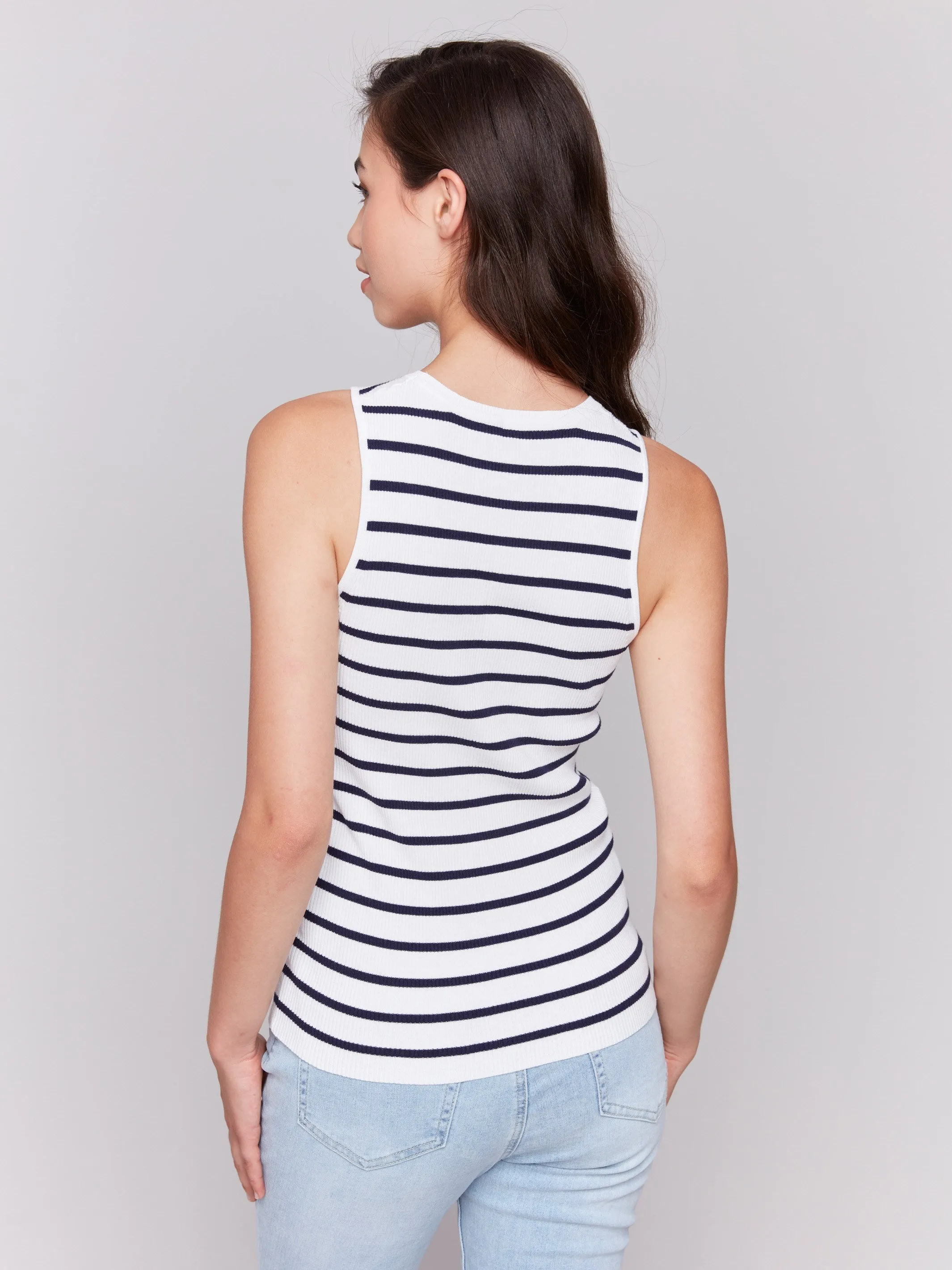 Layered Wearable Casual Warmth Striped Rib Knit Sleeveless Top - White