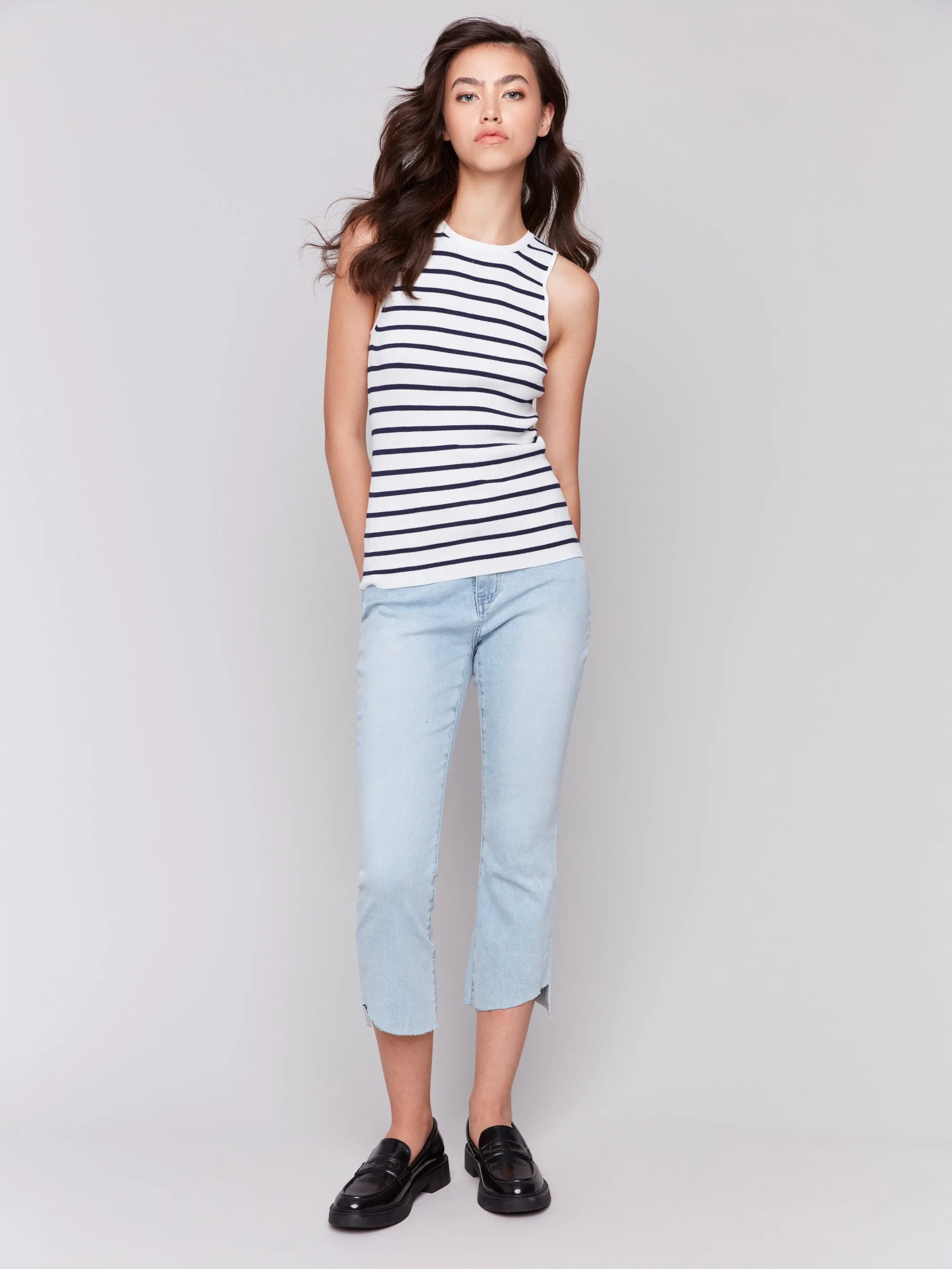 Striped Rib Knit Sleeveless Top - White Lattice Stitch Pattern Comfy Knit Layer