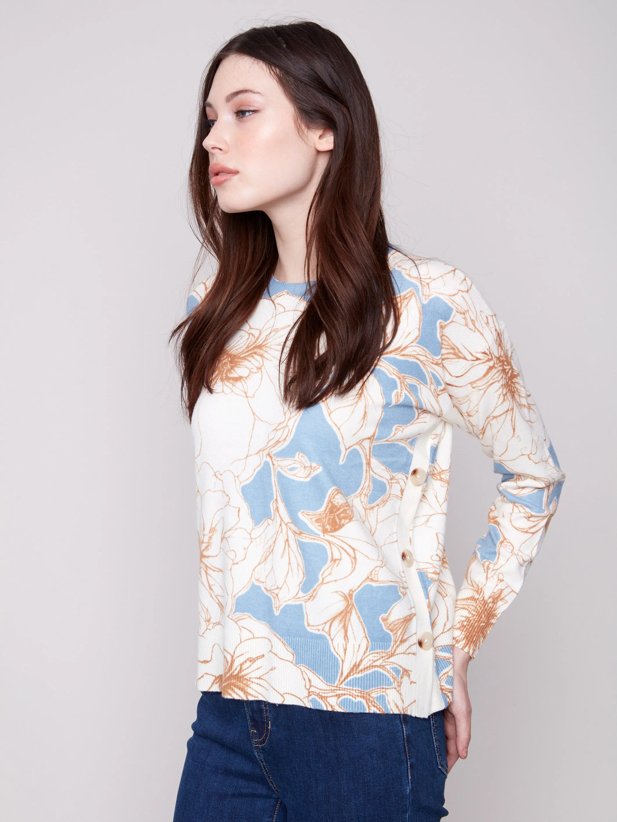 Printed Sweater With Side Buttons - Mist Sleek Knit Essential Wardrobe