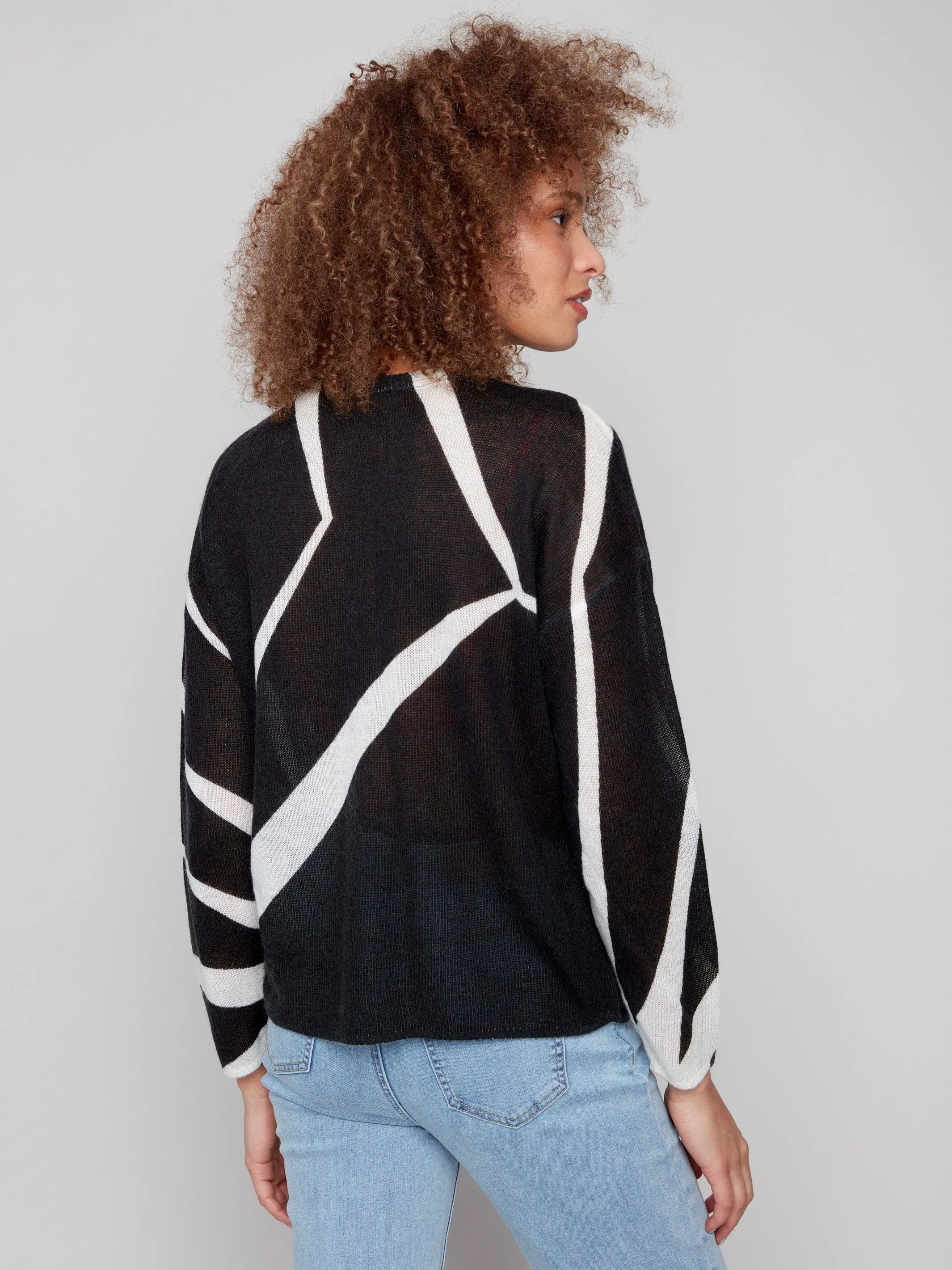 Printed Lightweight Mohair-Effect Knit Sweater - Black & Ecru Fashion Forward Classic Design
