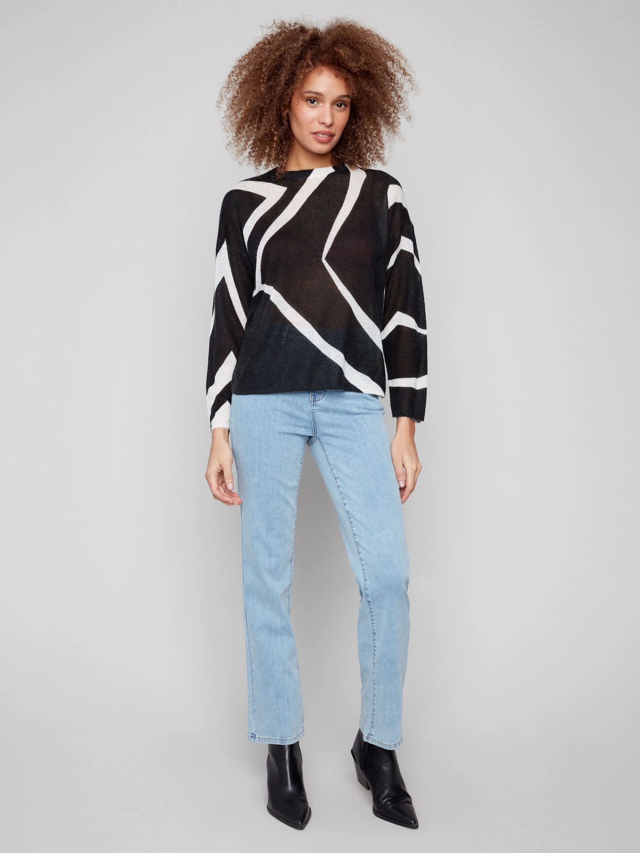 Functional Layers Printed Lightweight Mohair-Effect Knit Sweater - Black & Ecru