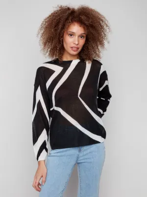 Printed Lightweight Mohair-Effect Knit Sweater - Black & Ecru Eco Dye Process Ethical Production Knitwear