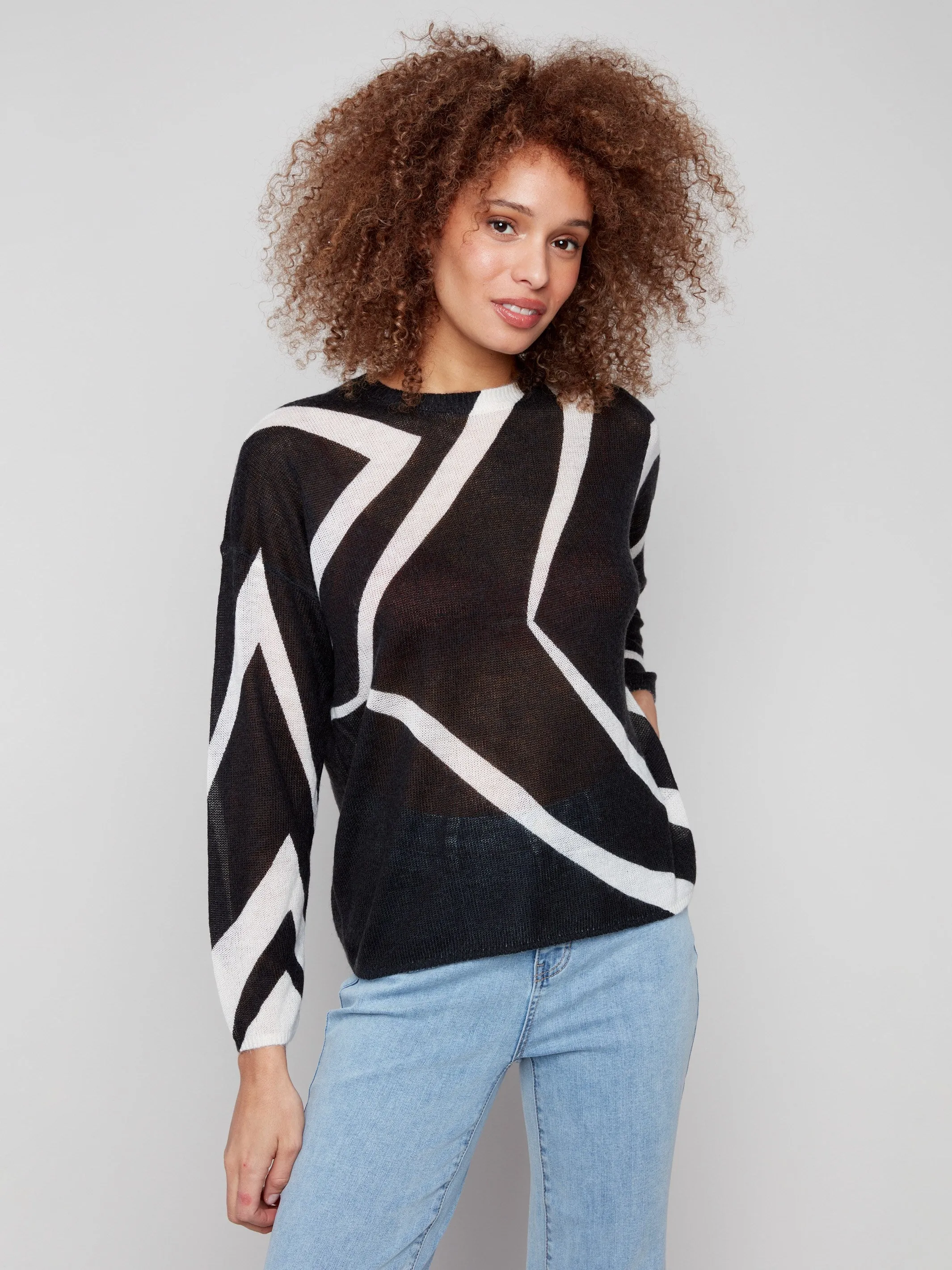 Light Knit Printed Lightweight Mohair-Effect Knit Sweater - Black & Ecru
