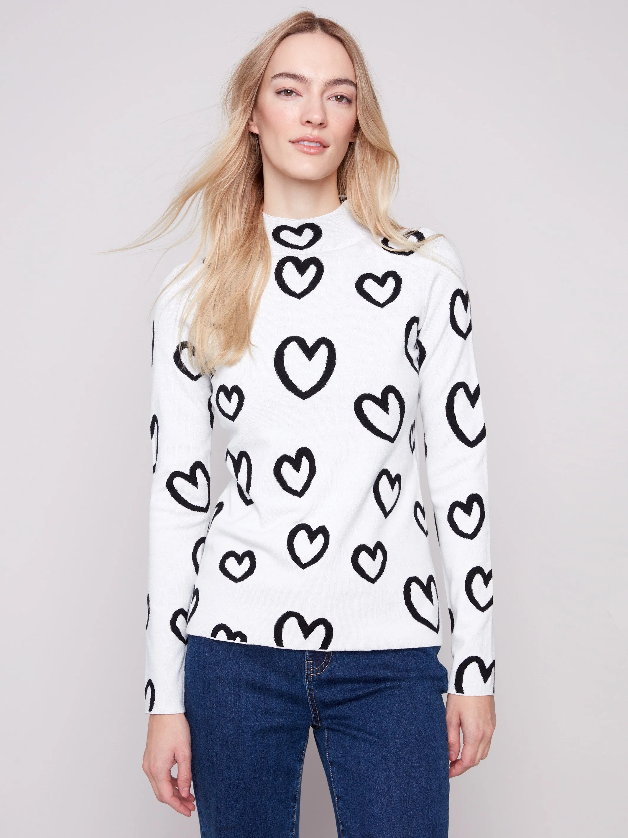 Low carbon footprint Plush Inner Lining Reversible Mock Neck Sweater - Hearts