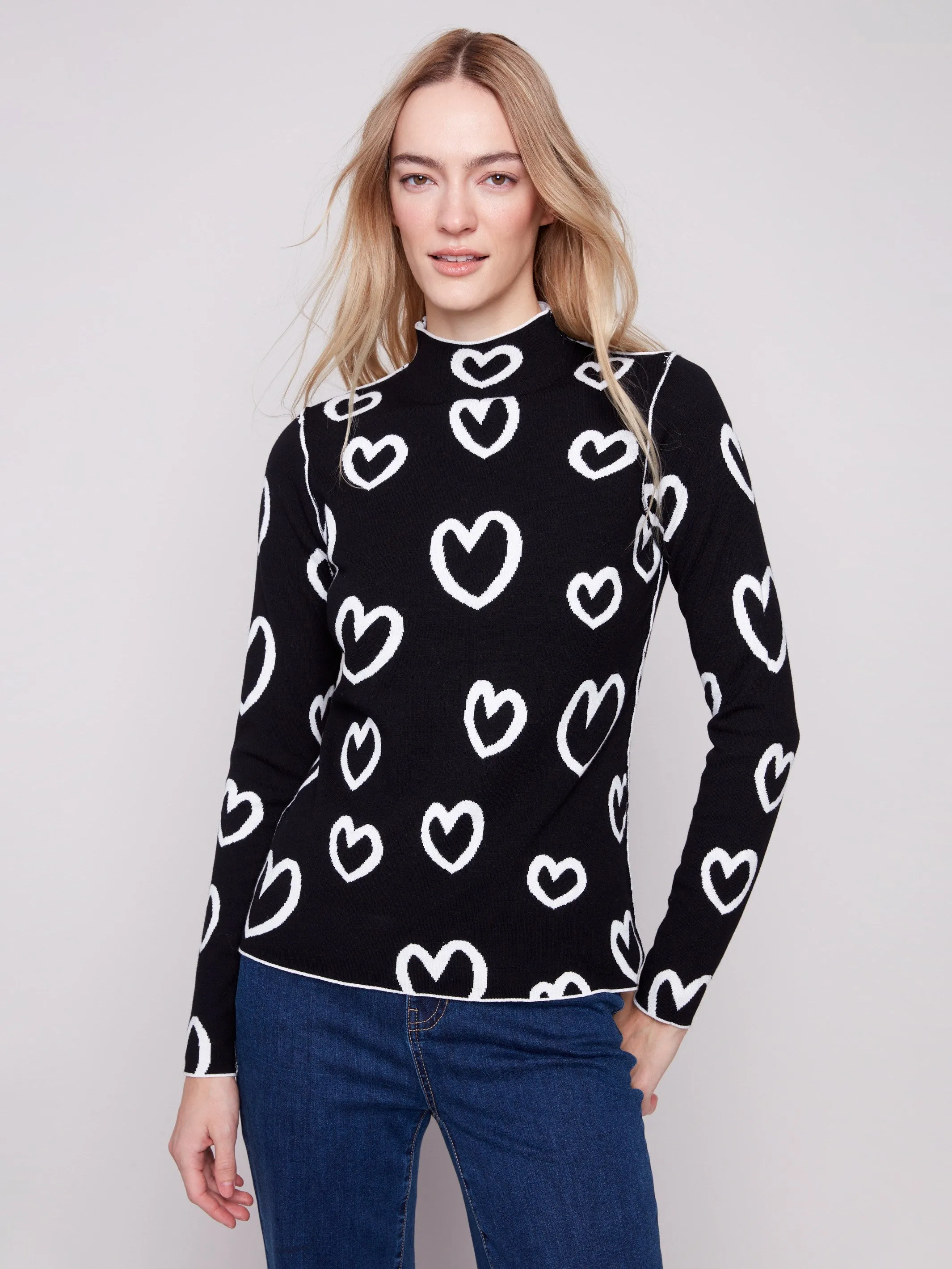 Stylish Knit Reversible Mock Neck Sweater - Hearts