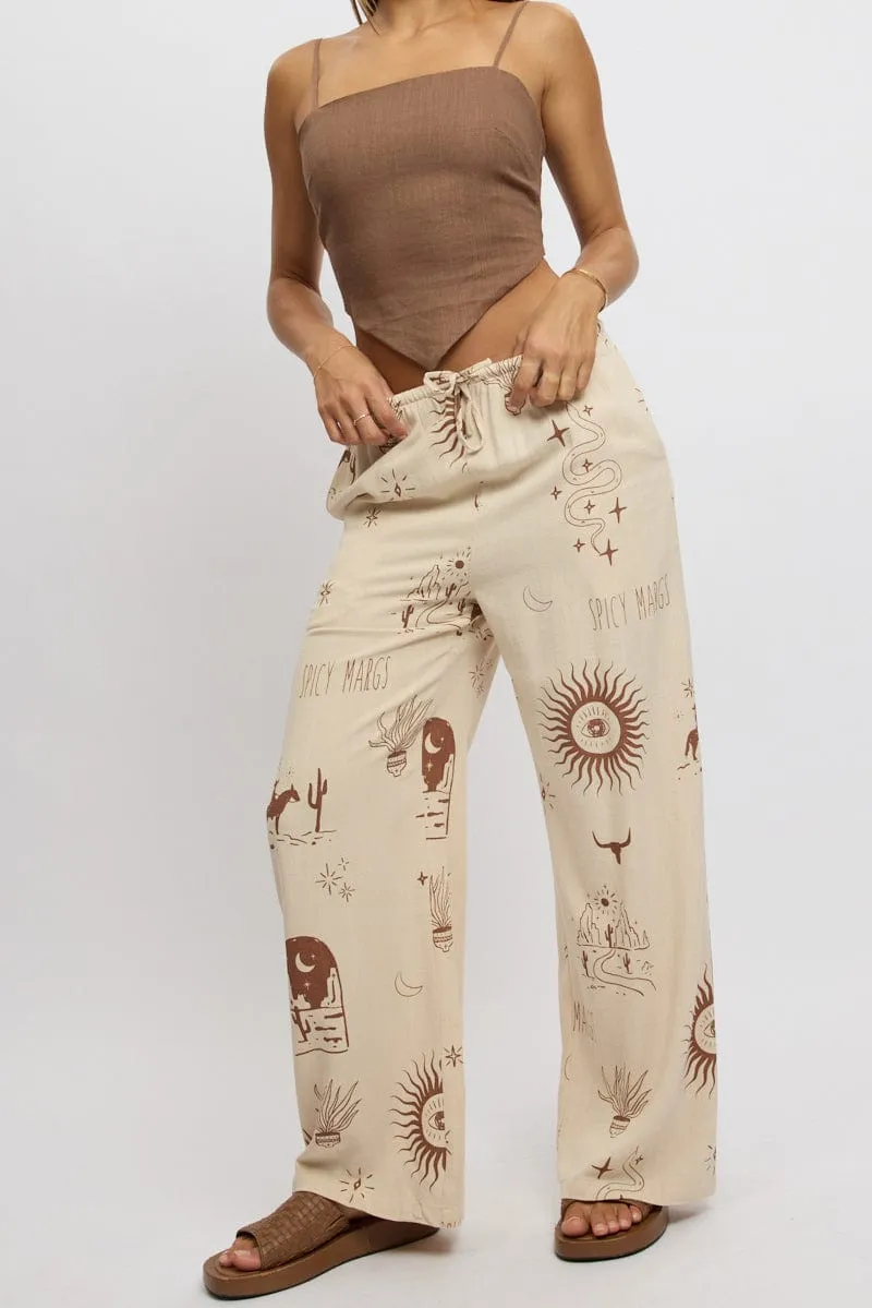 Beige Abstract Wide Leg Pants High Rise Adaptive Fit