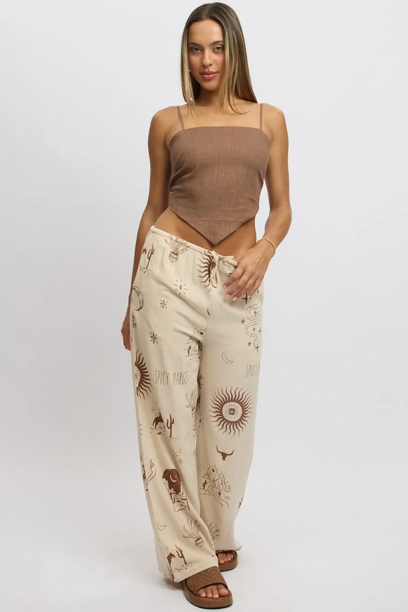 Beige Abstract Wide Leg Pants High Rise Sweat Wicking Lining Chic Fit