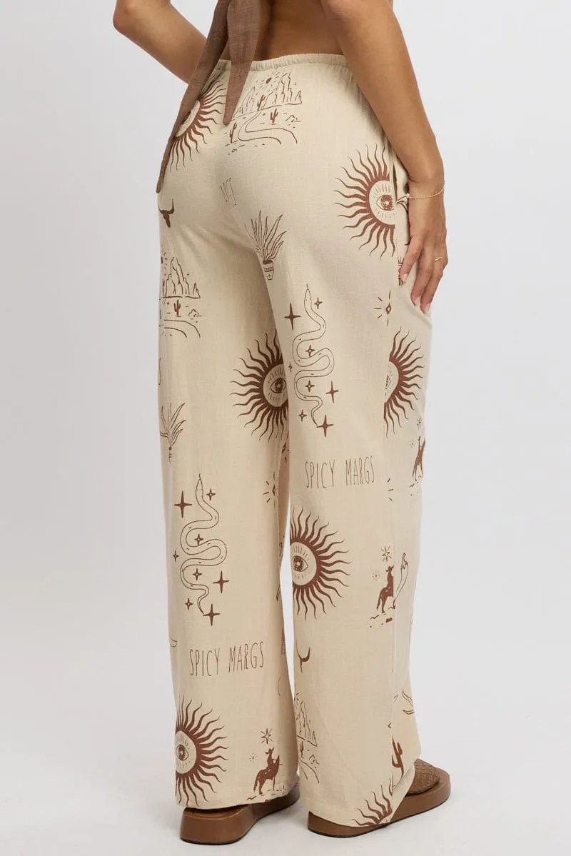 Beige Abstract Wide Leg Pants High Rise Elastic Free Cuffs