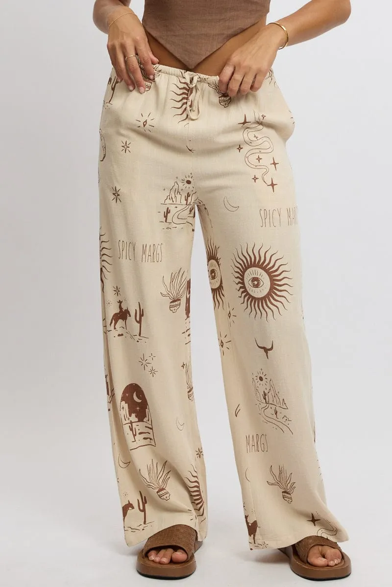 Beige Abstract Wide Leg Pants High Rise Reinforced Seams High-waisted fit