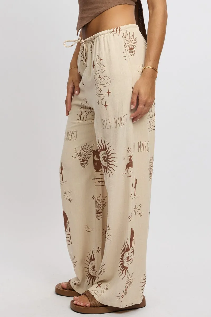 Beige Abstract Wide Leg Pants High Rise Simple Comfort Relaxed Comfort Look