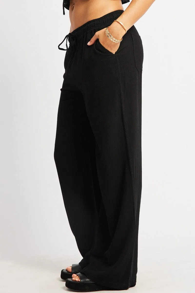 Black Wide Leg Pants Elasticated Waist DoubleLayeredFabric