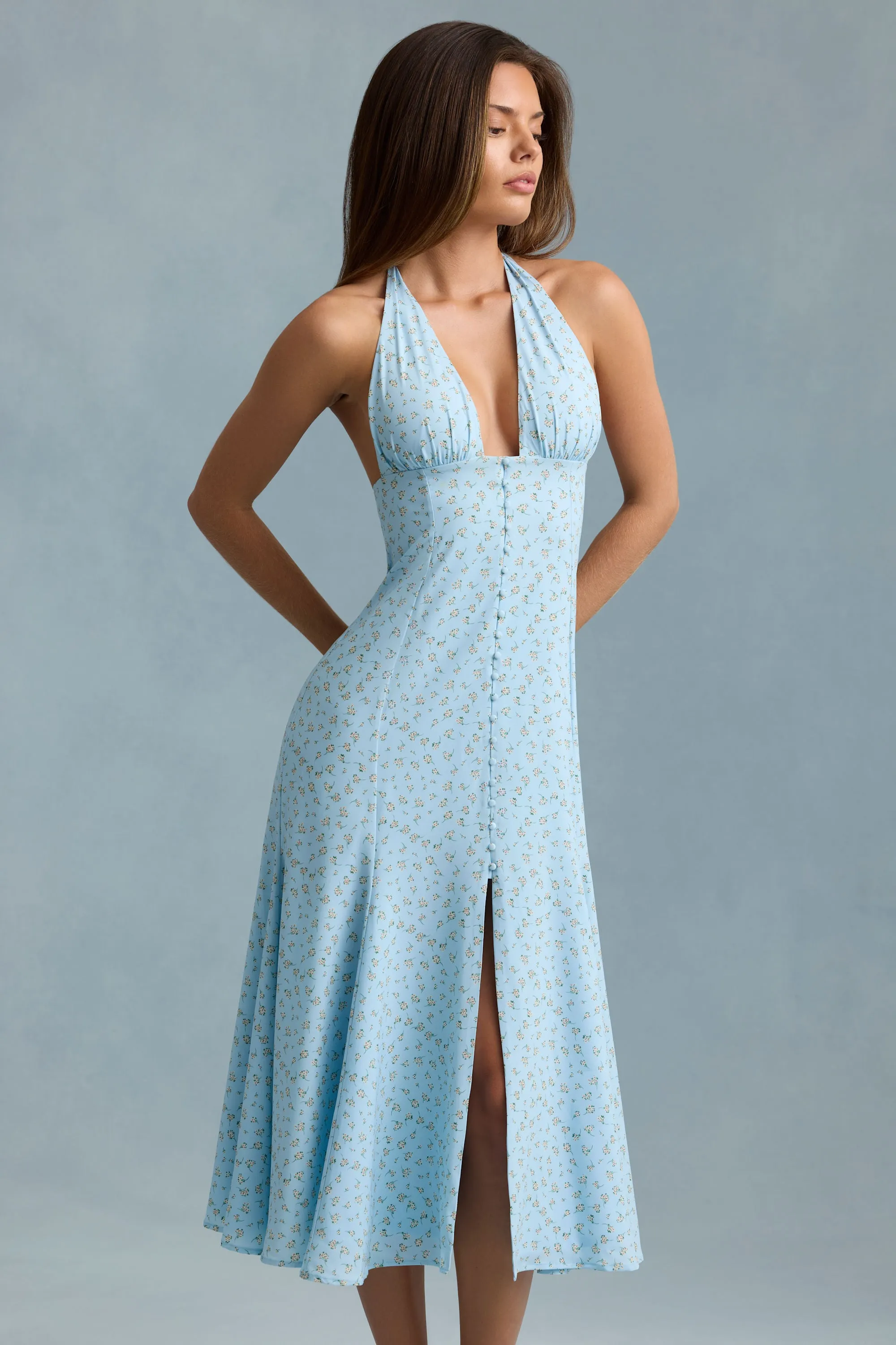SoftLining Halterneck Midaxi Dress in Blue Flower Print
