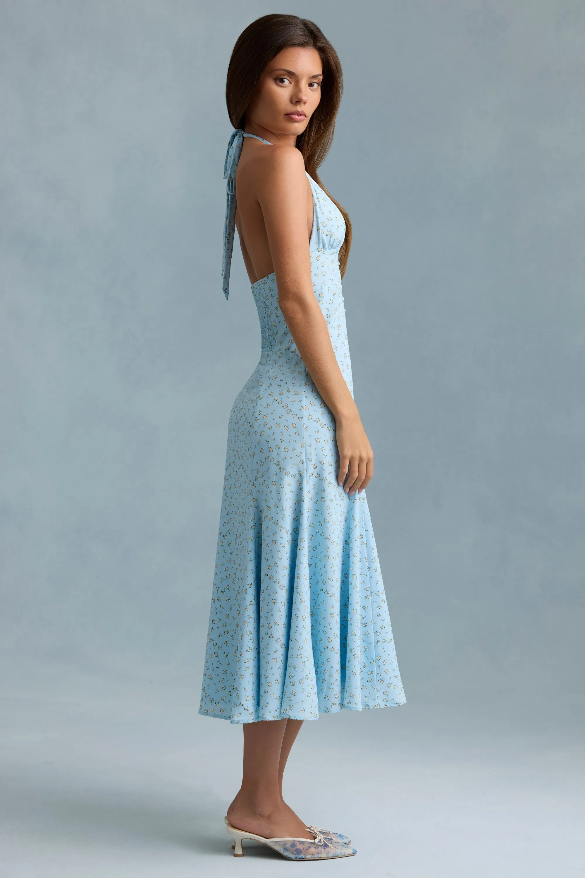 Halterneck Midaxi Dress in Blue Flower Print Basic Wear Effortless Fashion