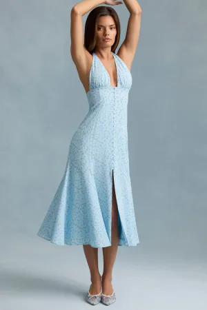 NonRestrictive Cut MachineWashable Halterneck Midaxi Dress in Blue Flower Print