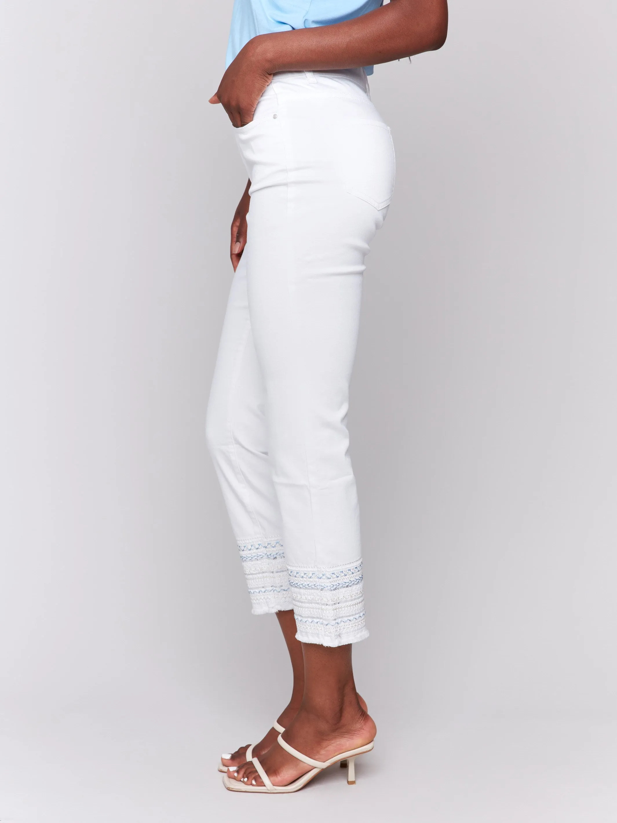 Water Efficient Wash Process Stylish Vibes Embroidered Hem Jeans - White