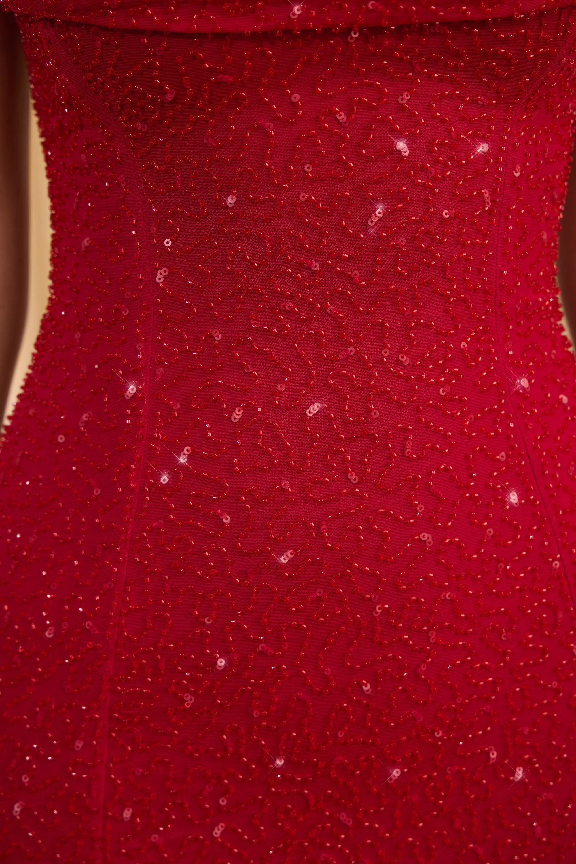 Embellished Strapless Cowl-Neck Mini Dress in True Red Twist Front Draping Flash Beat