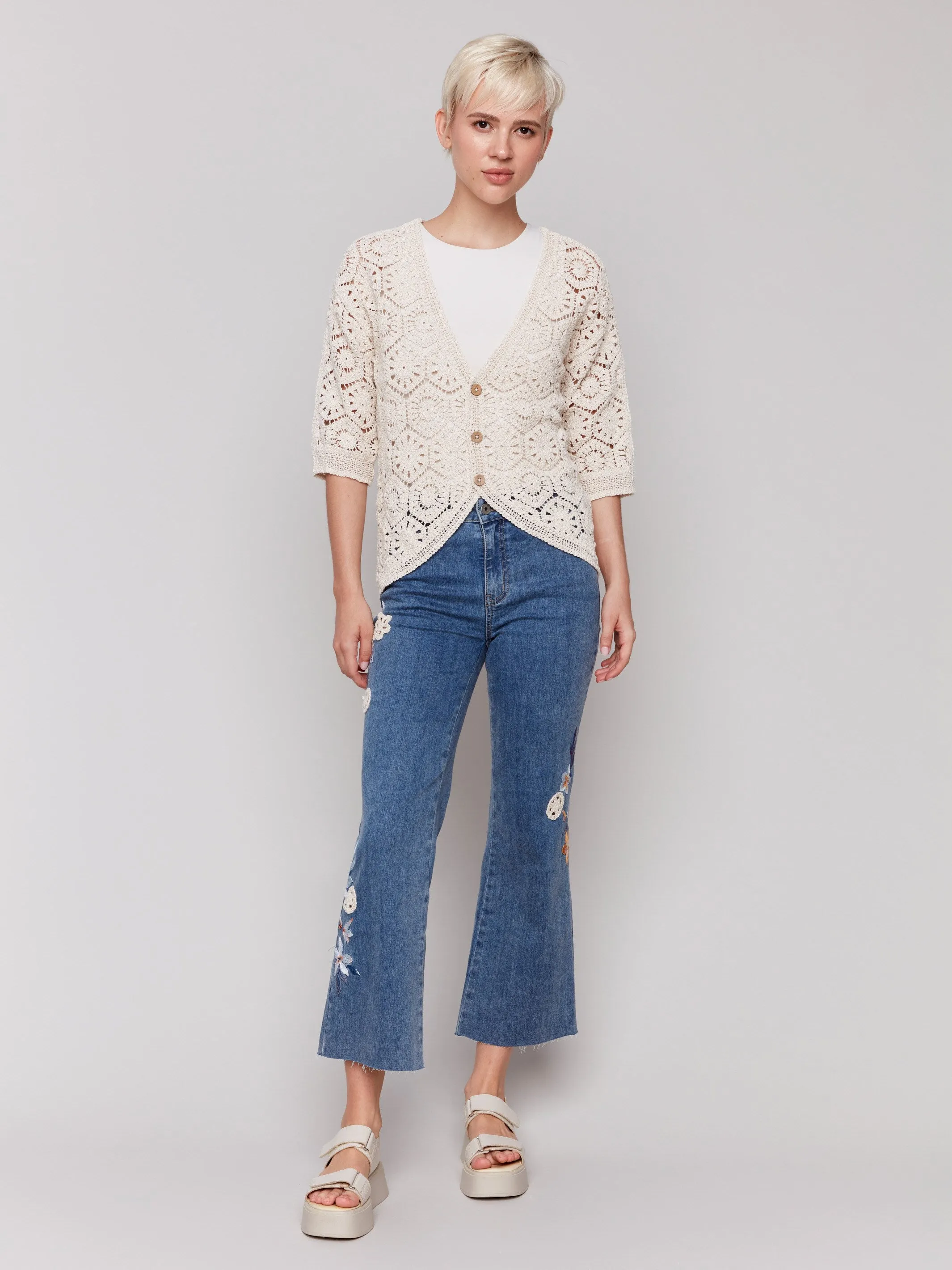 3/4 Sleeve Crochet Cardigan - Natural Warm design Non Restrictive Armhole