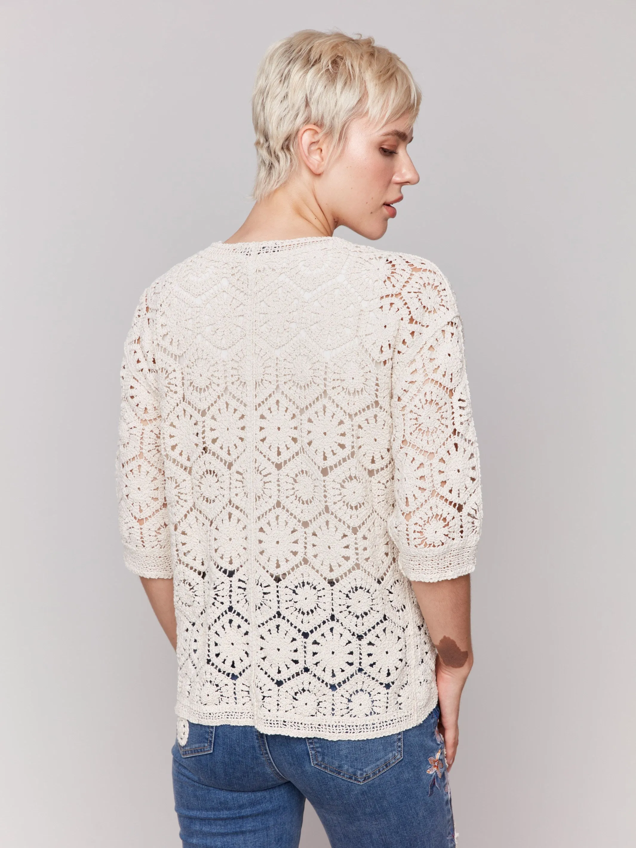 Modern Knitwear 3/4 Sleeve Crochet Cardigan - Natural