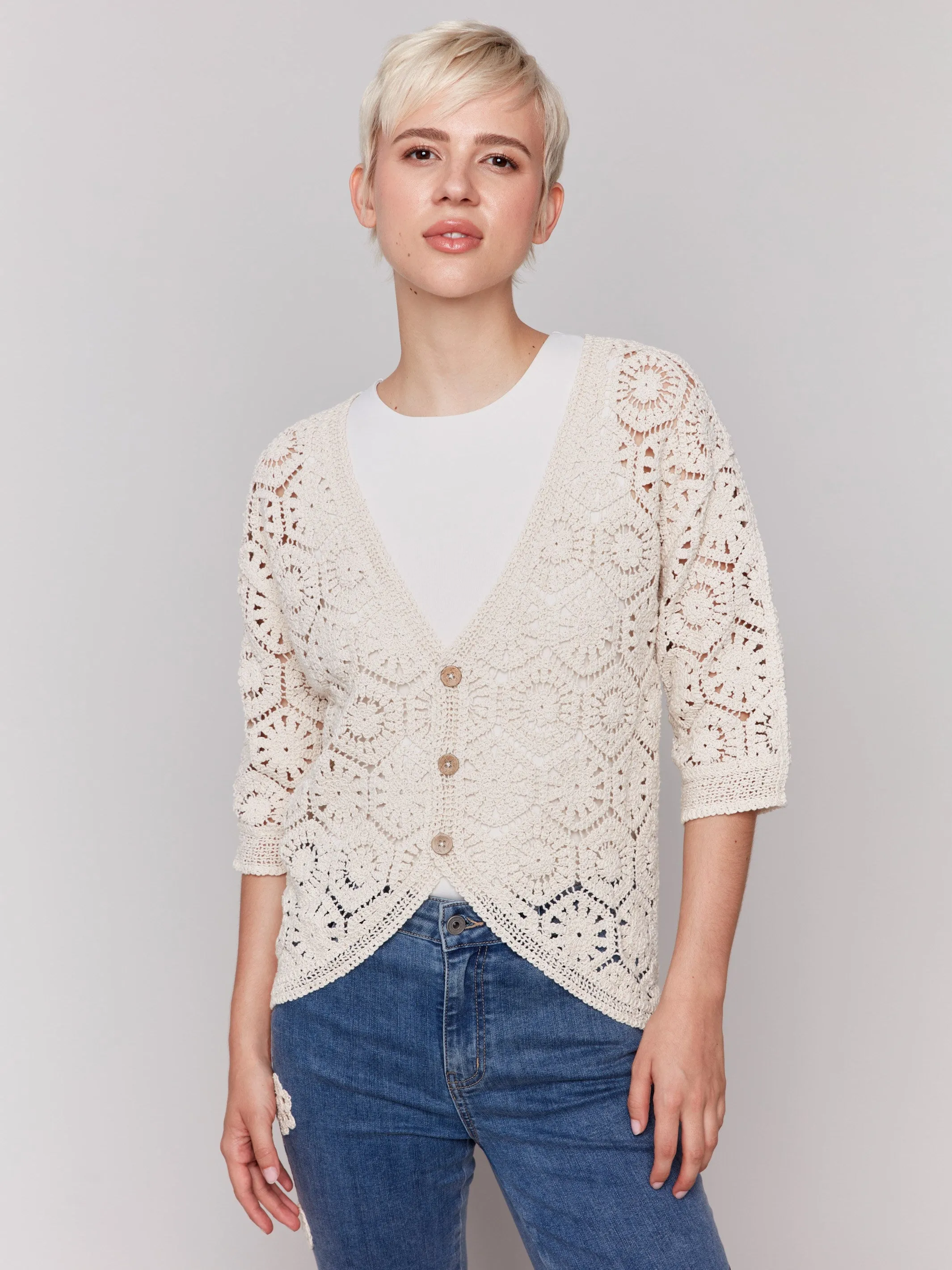 3/4 Sleeve Crochet Cardigan - Natural Cold Weather Look