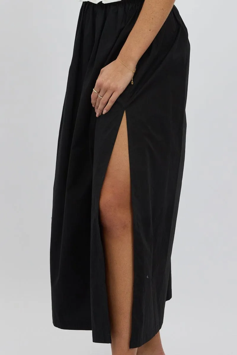 Black Maxi Skirt Shirred Waist Relaxed Fit Layered Look