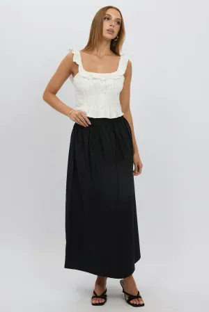 Polished Cut Black Maxi Skirt Shirred Waist Relaxed Fit