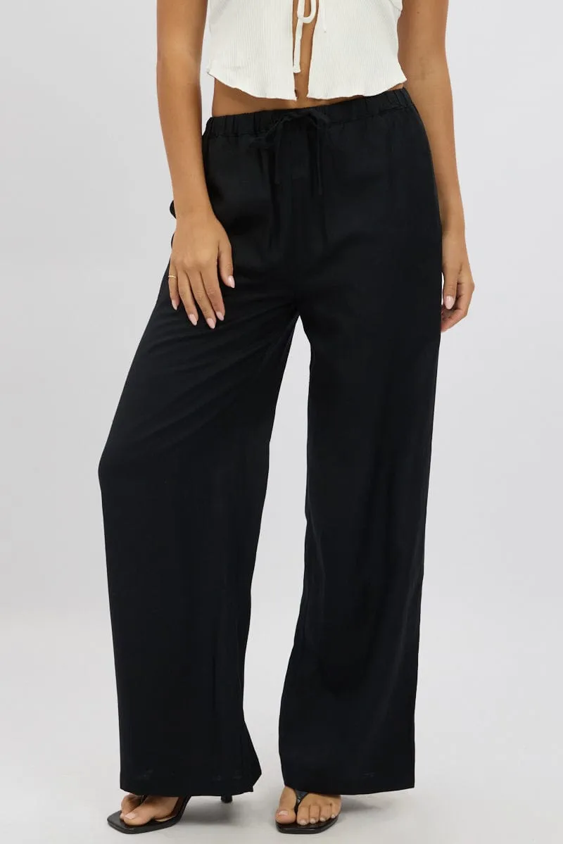 Black Wide Leg Pants Elasticated Waist Abrasion Resistant Surface