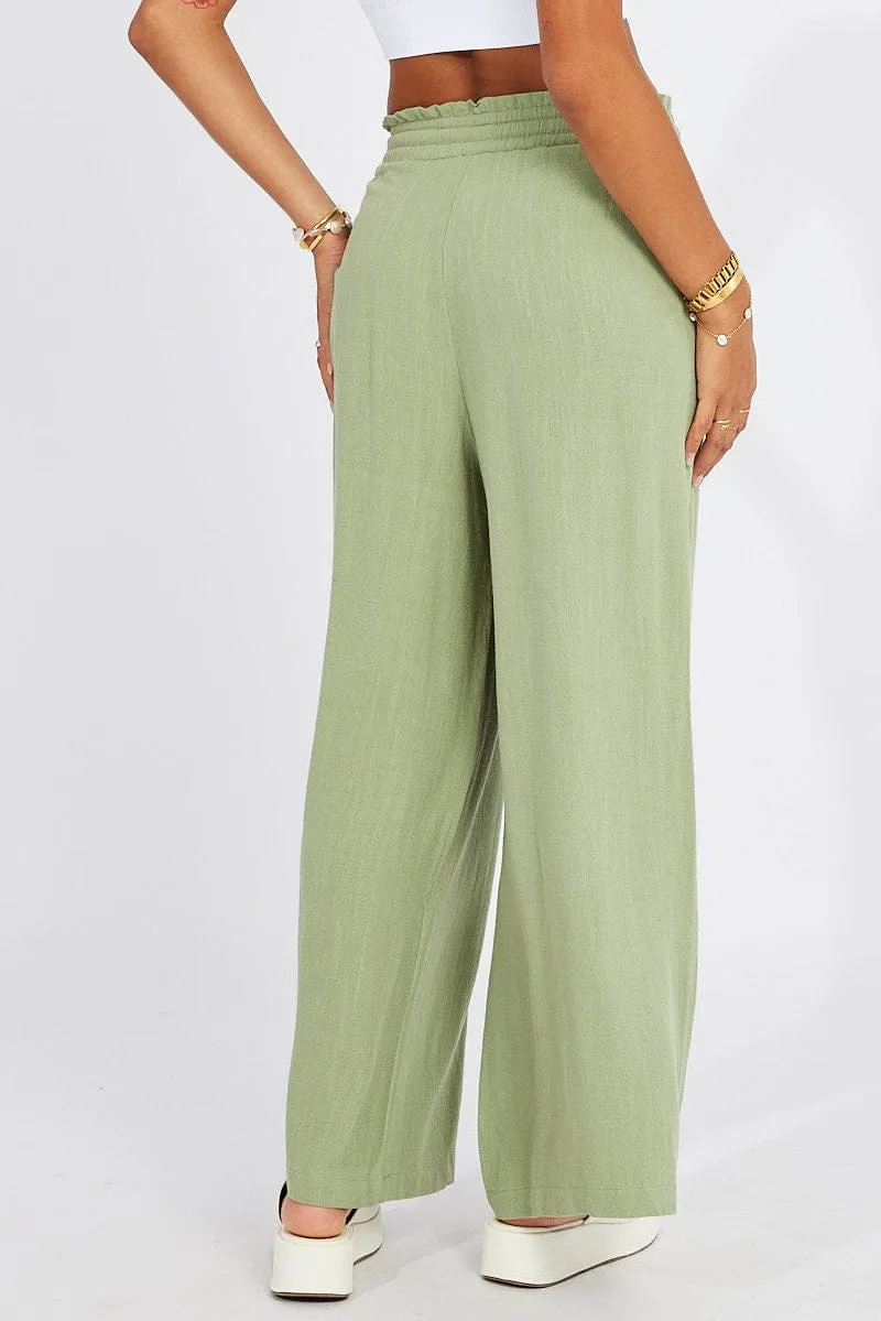 Green Wide Leg Pants High Rise Roll-up style