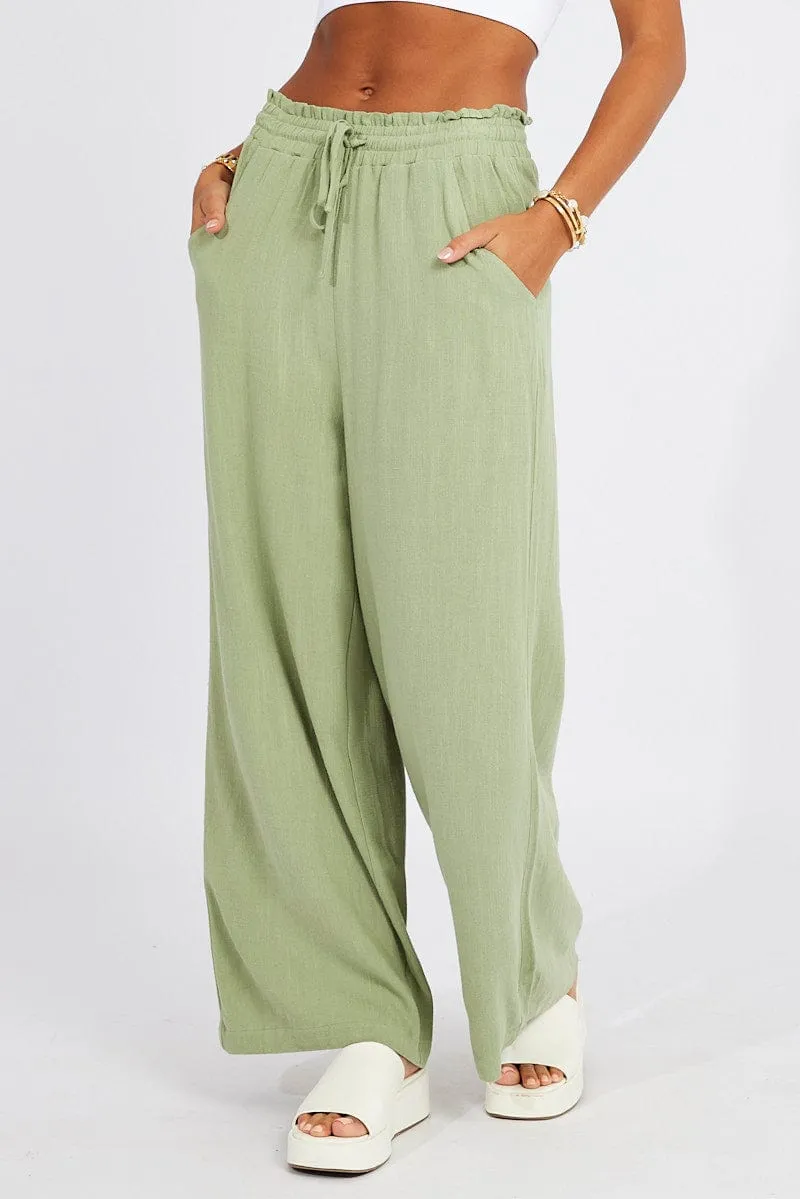 Green Wide Leg Pants High Rise Durable Seams