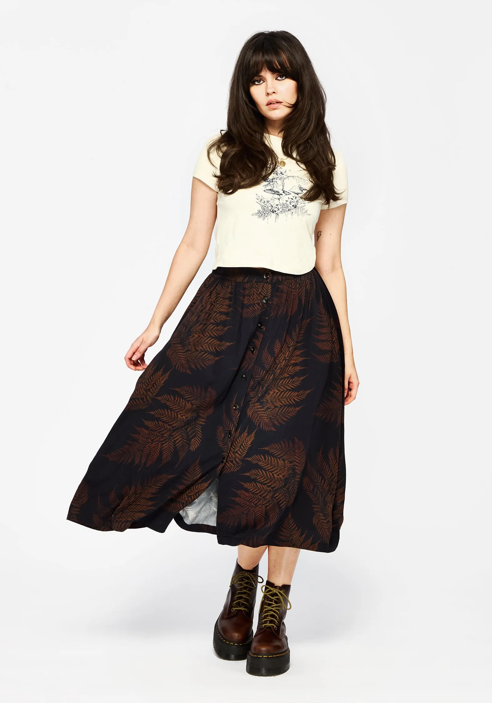 Ruin Fern Printed Midaxi Skirt - Brown Neutral Wear