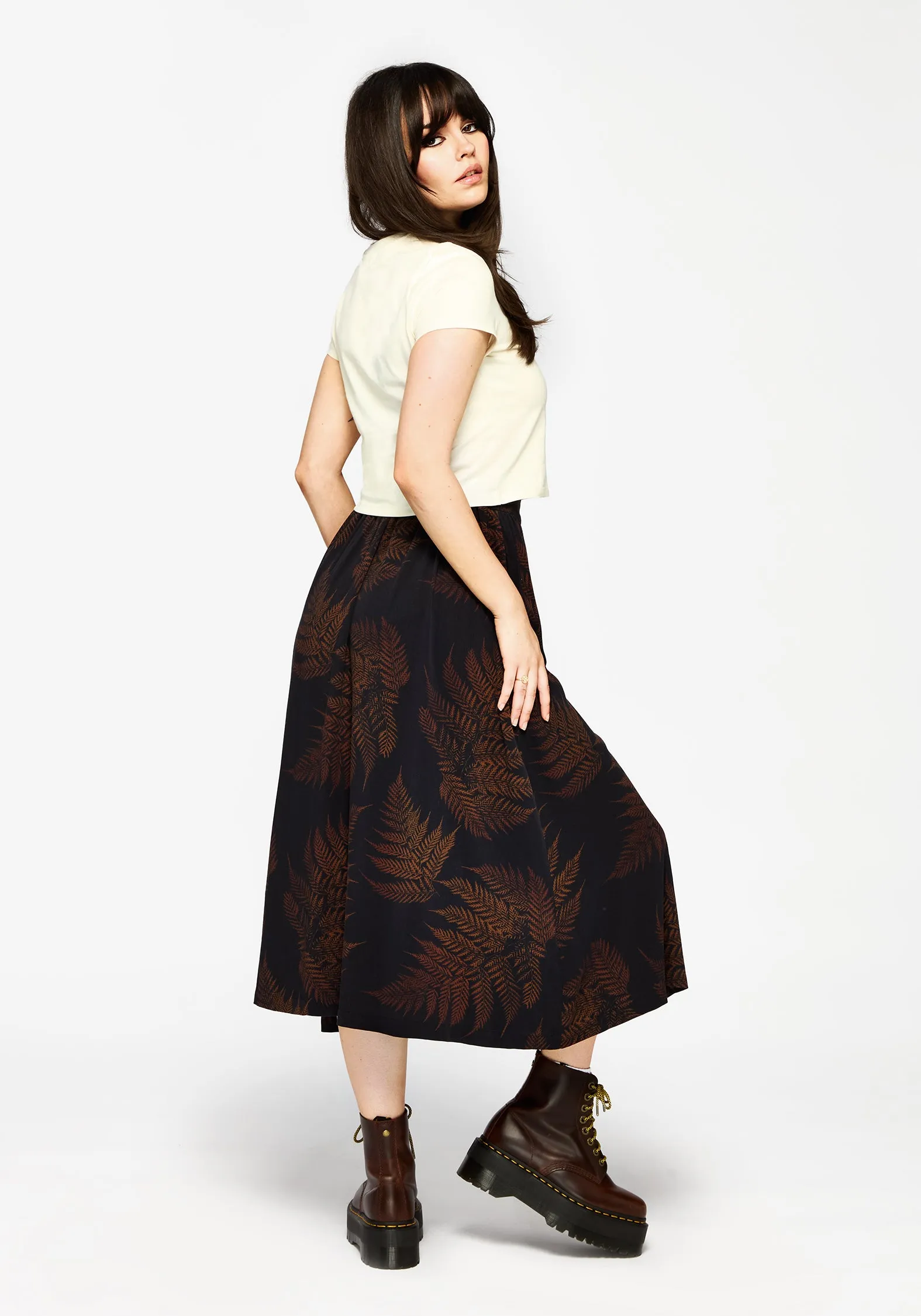Ruin Fern Printed Midaxi Skirt - Brown Crisscross Back