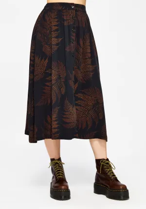 Hemp Blend Smart Casual Ruin Fern Printed Midaxi Skirt - Brown