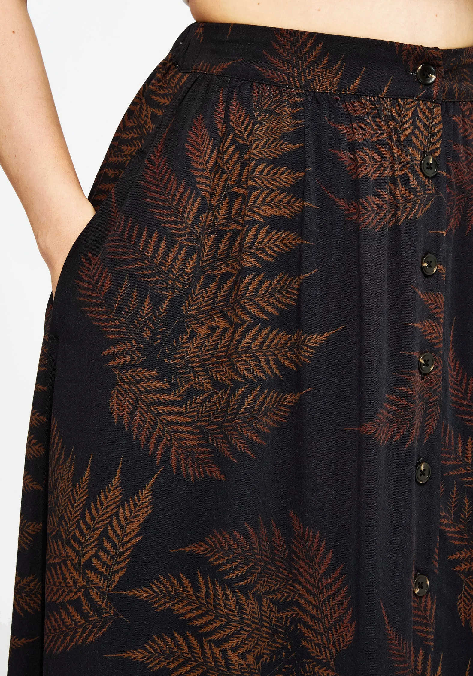 Ruin Fern Printed Midaxi Skirt - Brown Diagonal Slit