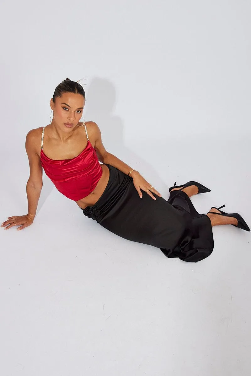 Black Satin Rose Flower Brooch Maxi Skirt Adjustable Waist Multi Purpose