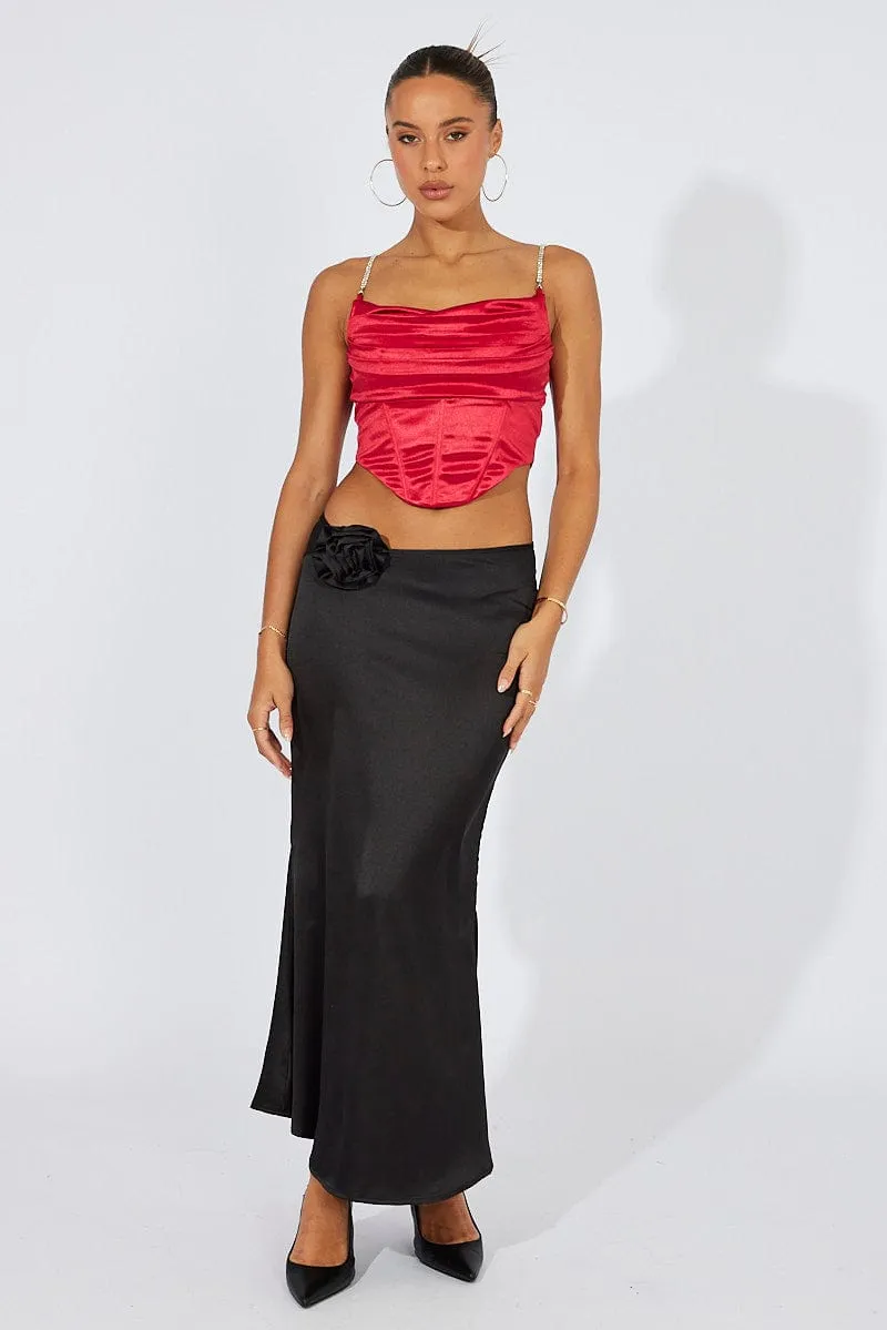 Black Satin Rose Flower Brooch Maxi Skirt Versatile Outfit