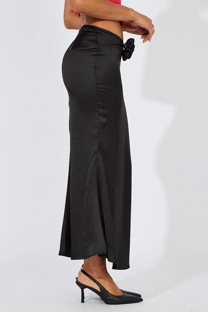 High Street Chic Mix Texture Black Satin Rose Flower Brooch Maxi Skirt
