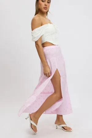 Pink Stripe Tiered Maxi Skirt Elastic Waist Slit Ruffle Bamboo Fiber
