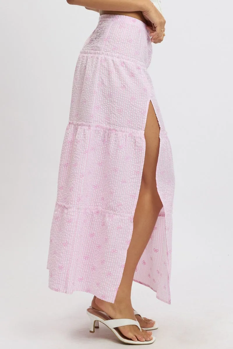 Pink Stripe Tiered Maxi Skirt Elastic Waist Slit Ruffle Shirred Back Travel Ease